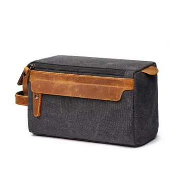 

Men Travel Toiletry Bag Canvas Leather Makeup Shaving Storage Pouch with Side Handle Grip -MX8
