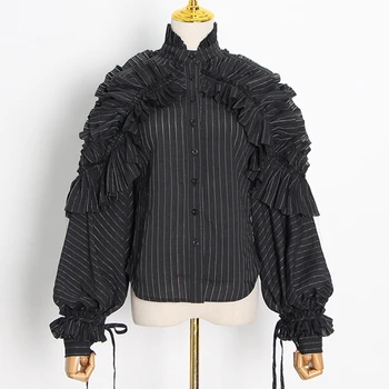 

SeeBeautiful Striped Ruffles Stitching Loose Shirt Blouse Stand Collar Lantern Sleeve New Fashion 2020 Autumn Women M232