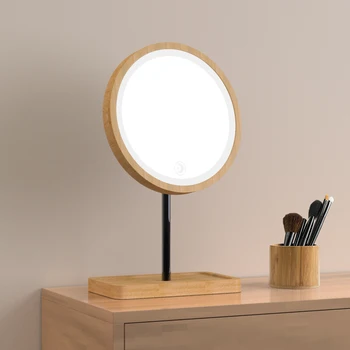Wooden Desktop LED Makeup Mirror 3X Magnifying USB Charging Adjustable Bright Diffused Light Touch Screen Beauty Mirrors 4