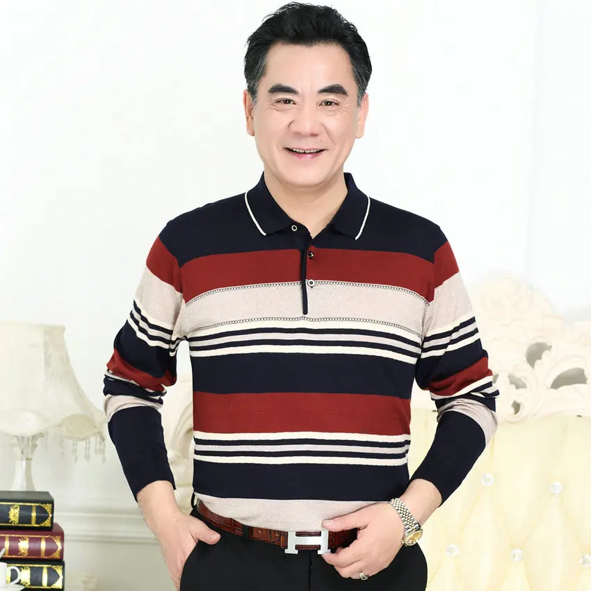 juhong Осенние шерстяные футболки для пожилых людей, красные, синие, зеленые, полосатые, цветные, блочные топы для мужчин, пап, повседневные, с длинными рукавами, свободна блузка - Цвет: juhong