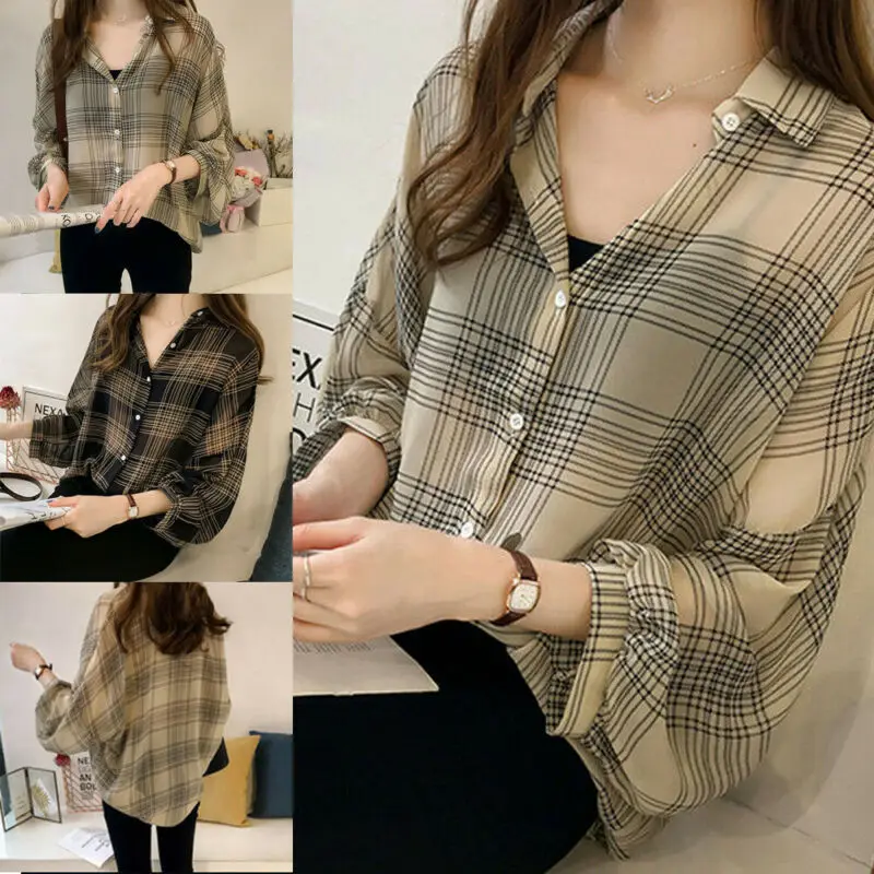 Women's Casual Check Shirts Summer Sunscreen Plaid Button Long Sleeve Baggy Shirt Ladies Blouse Tops and Blouses Plus Size M-4XL