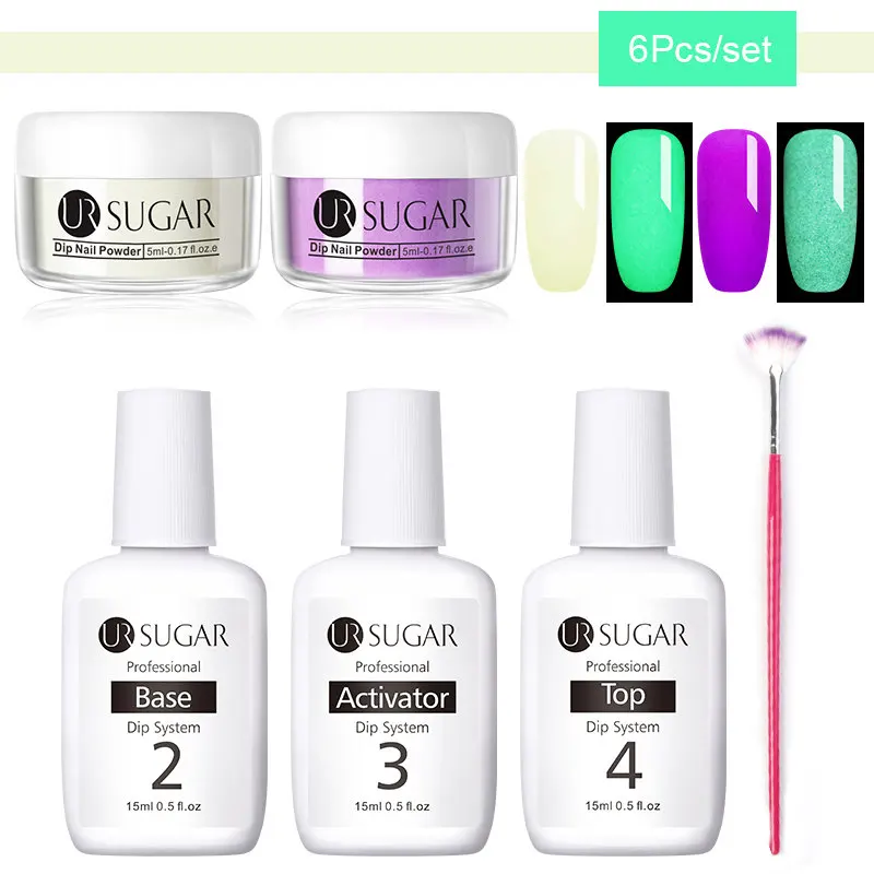 6Pcs set 1 Ur Sugar 6 шт./компл. световой Dip порошок для ногтей базовый топ акриловая жидкая пудра погружения комплект резьба нейл-арта украшения для маникюра - Цвет: 6Pcs set 1