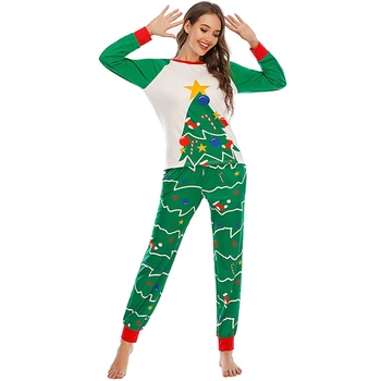 

Parent-Child Outfit Autumn Winter Femily Sleepwear Sets Chirstmas Tree Printed Round Neck Long Sleeve Trouser Green Pajamas Sets