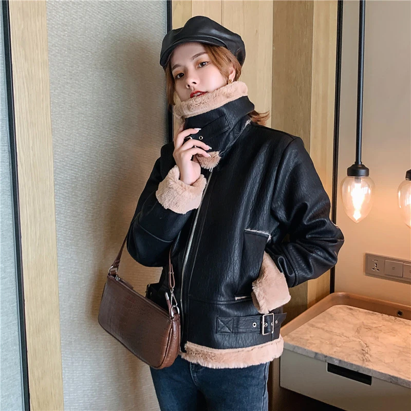 Ideal  Winter Motorcyle Basic Jackets Plush Outerwear Warm Coat Streetwear Punk PU Jacket Faux Fur Jackets