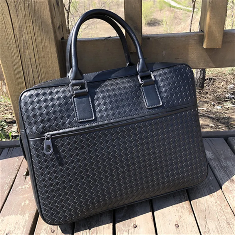 Kaisiludi Leather Man bag woven leisure briefcase large capacity men's 15-inch computer shoulder |