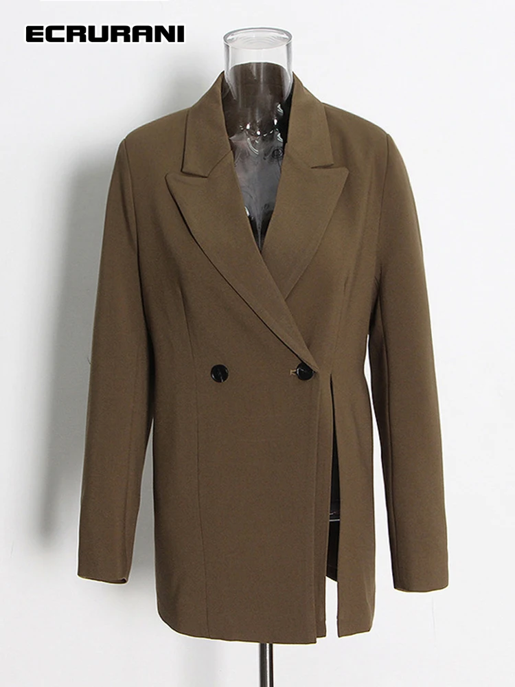 ECRURANI корейская мода однотонный минималистский Женский блейзер с отложным воротником с длинным рукавом лоскутный разрез Повседневный свободный Женский блейзер 2021 Новинка
