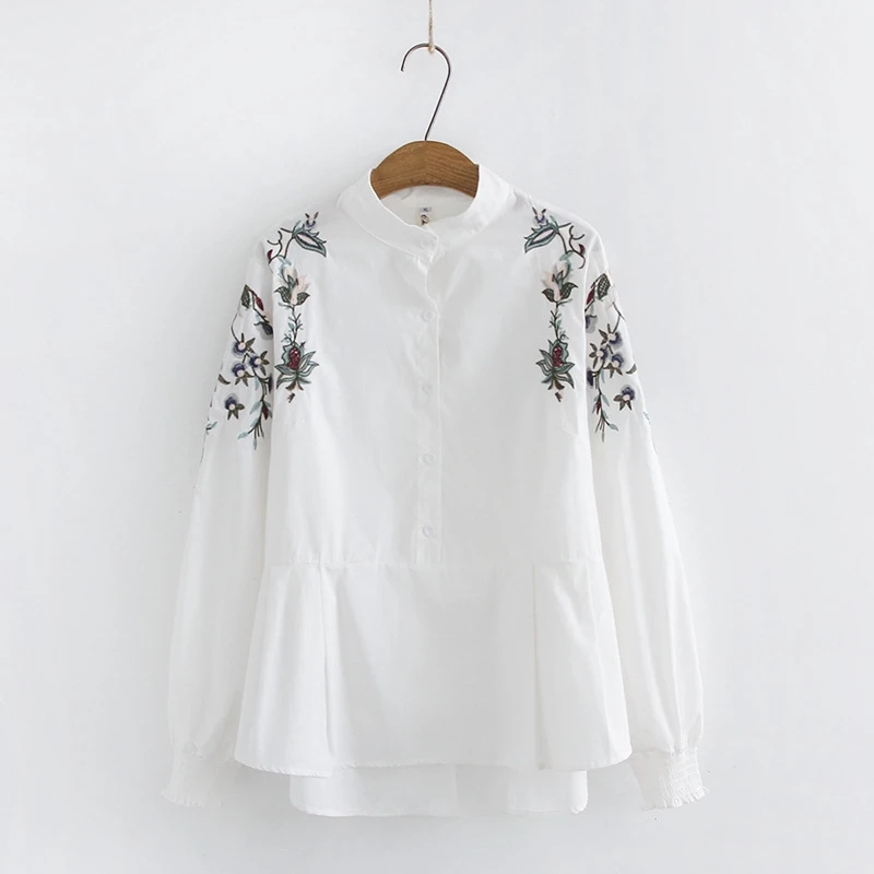 Плюс размер White белая блузка с цветочной вышивкой длинный рукав Blusas офисная одежда