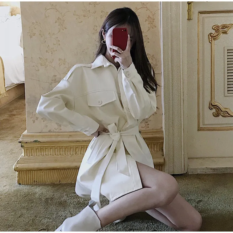 Fashion New Design PU Faux Leather Womens Jacket Coat Lace Up Autumn Ladies Tops Streetwear New Korean Style Female Clothes