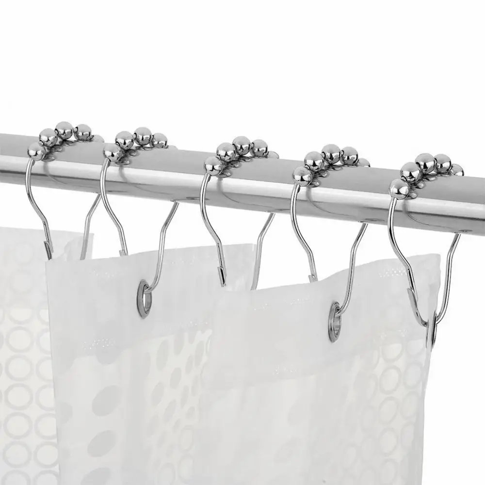 

12pcs/pack Roller Ball Shower Curtain Rings Hooks Rust-Resistant Curtain Accessories Polished Satin Nickel iron Hooks #25