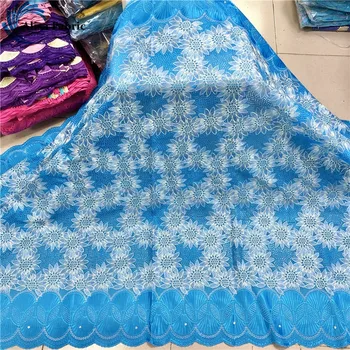 

Alisa latest african dry laces 2020 high quality swiss voile sky blue embroidered 100% cotton fabric witn stones and rhinestones