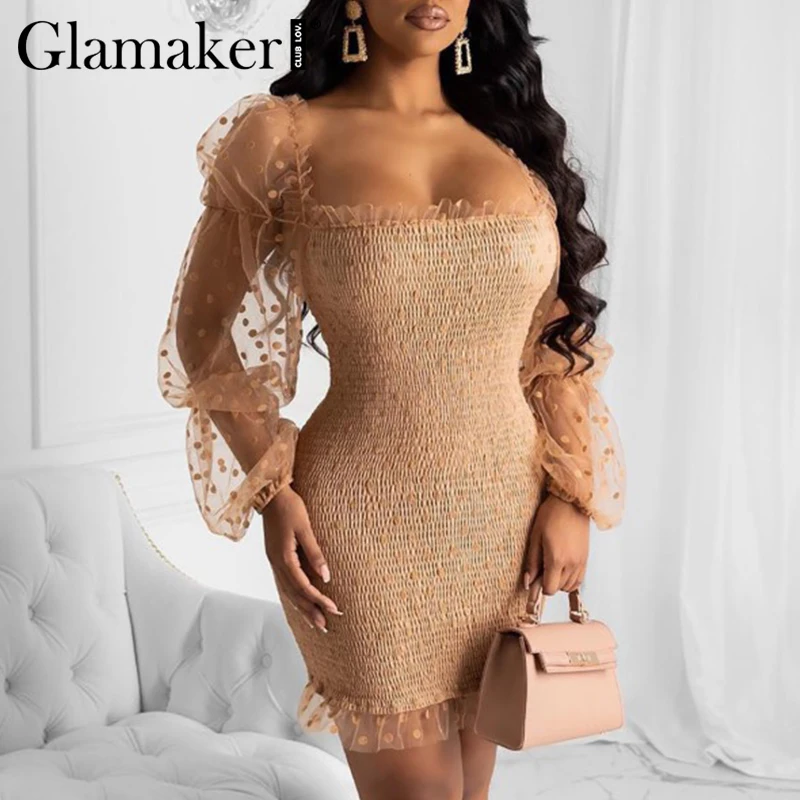 Glamaker, сексуальные вечерние короткие кружевные платья, женское винтажное клубное мини-платье в горошек, Бандажное платье с высокой талией и оборками, Пышное Платье с длинными рукавами