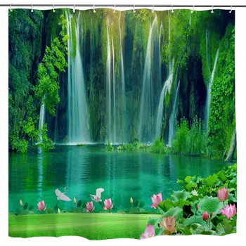 

Waterfall Fabric Shower Curtain, Natural Waterfall Forest Trees Lake with Lutus Flower Scene Art Print, Rain Forest Waterproof