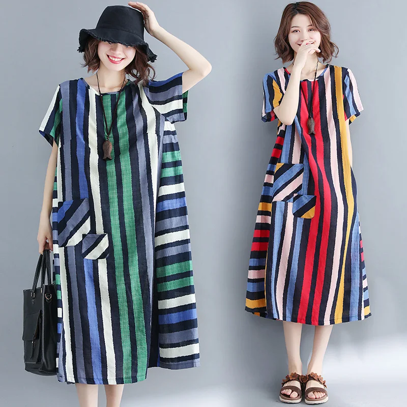 

2019 Summer Literature And Art Large Size Short Sleeve Striped Loose-Fit Ethnic-Style Slimming Mid-length Cotton Linen Dress WOM
