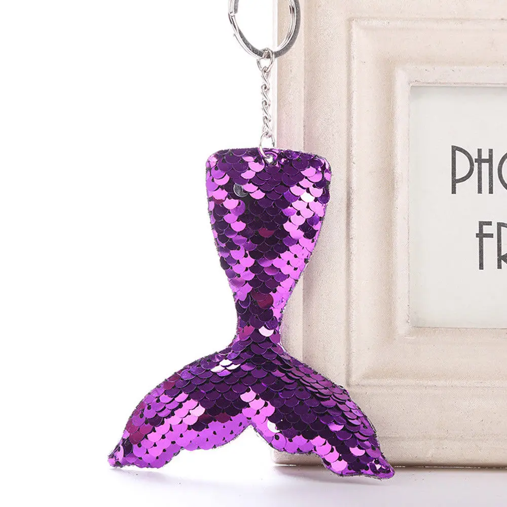 Блестящее блестящее кольцо для ключей с русалочкой и единорогом, подвесная Елочная игрушка с сердечком, мягкий брелок для ключей, сумка для автомобиля, подвесной брелок - Цвет: Purple Tail