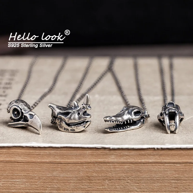 

HelloLook Gothic Animal Skull Pendant Necklace for Men Vintage 925 Sterling Silver Eagle Cheetah Rhino Crocodile Head Necklace