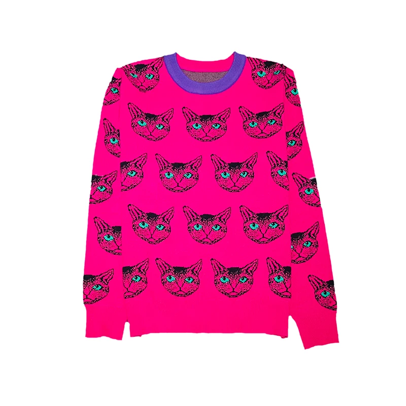 Kawaii милый шерстяной свитер с котенком для женщин, теплые осенне-зимние топы, Свитера с мультяшными животными, жаккардовые вязаные пуловеры, повседневный джемпер - Цвет: purple