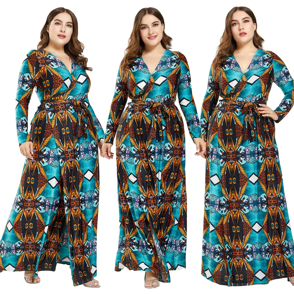 Женское платье макси с длинным рукавом и принтом в этническом
