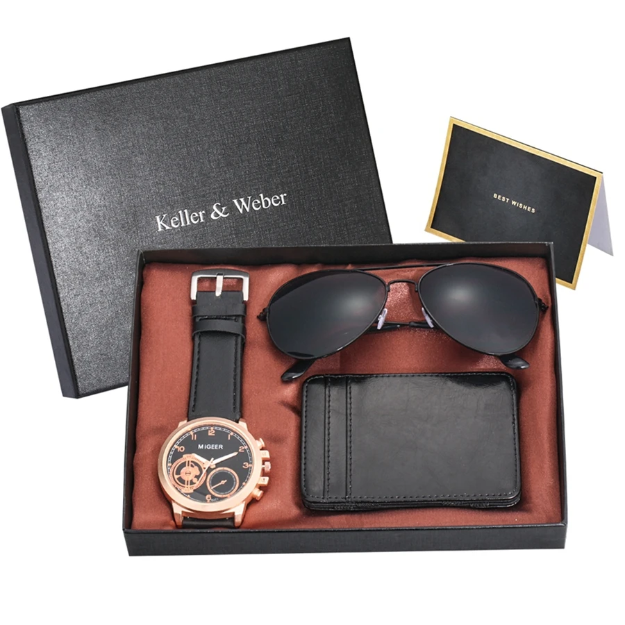 Luxury Rose Gold Men's Watch Leather Card Credit Holder Wallet Fashion Sunglasses Sets for Men Unique Gift for Boyfriend Husband