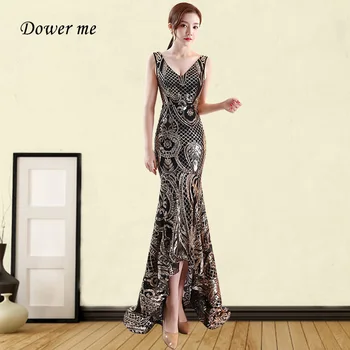 

Gold Sequin Evening Dresses GDX371 Shiny Pattern Mermaid Party Gowns Double V-Neck Robe De Soiree Sleeveless Formal Dress 2020