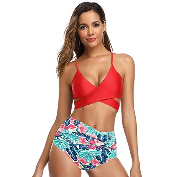 Rose Red-20 SHEKINI Women's Criss Cross Bandage Floral Printing Push Up Two Pieces Swimsuits Bikini Bathing Set Beach Bathing Swimming Suit - Цвет: Rose Red-20