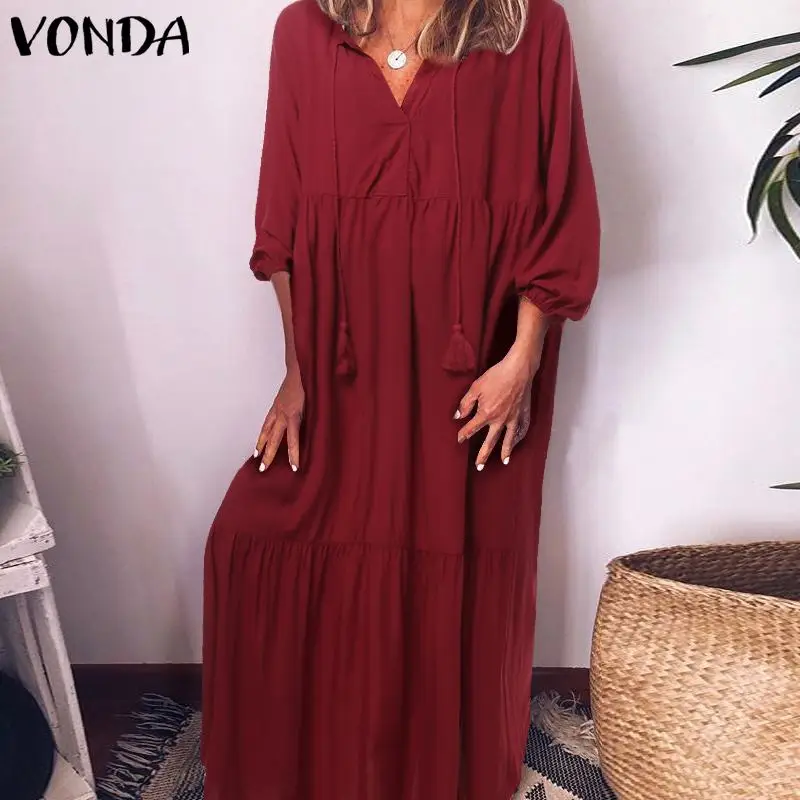 VONDA с длинным рукавом V образным вырезом Вечерние Платье Лето Макси платья VONDA Повседневное свободные гофрированная Макси Сарафан большого размера Халат