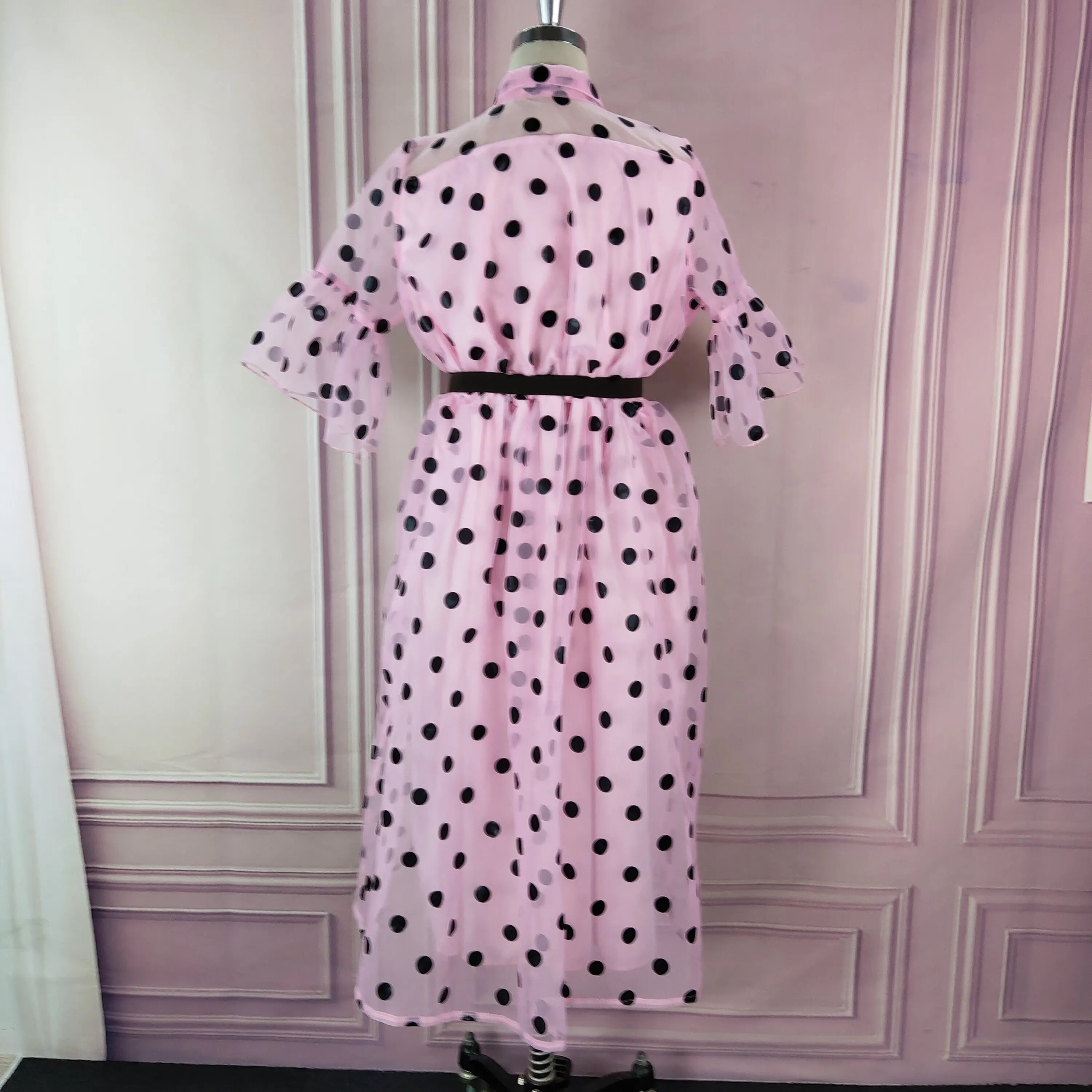 Африканские вечерние платья для женщин розовый плиссированный Тюль пэчворк черный горошек ретро леди ужин Дата Летняя ночь Туника Femme XXL