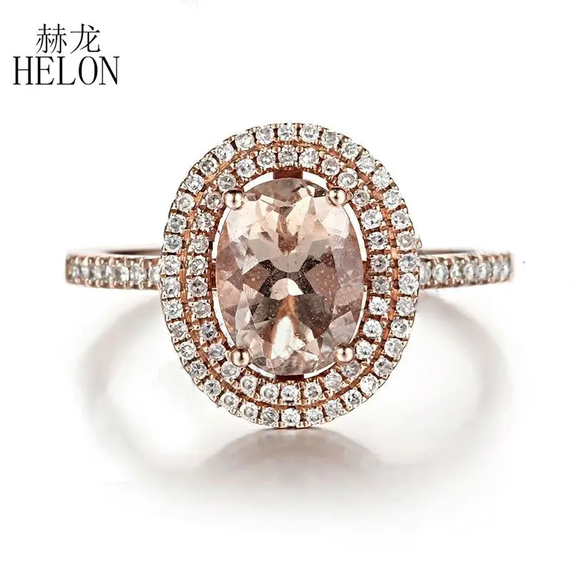 

HELON Solid 10k Rose Gold Oval 6x8mm Natural Morganite Diamond Engagement Wedding Ring For Women Birthday Anniversarry Best Gift