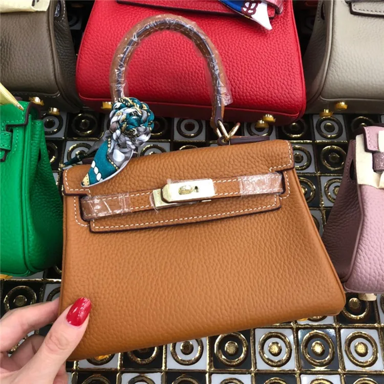 

2020 Original Version Litchi Grain Genuine Leather Mini kay Single Shoulder Slung Woman Package 20cm Head Layer Cowhide Jin