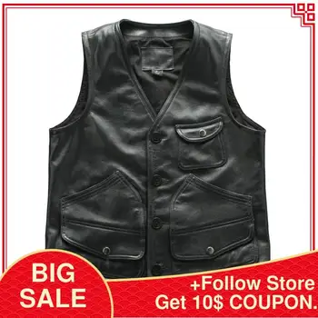 

2020 Black Men Japan Style Casual Leather Vest Large Size 5XL Genuine Cowhide Spring Slim Fit Natural Fashion Vest FREE SHIPPING