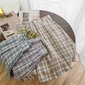 

2020 Women Sarafi Style Wide Leg Pant Summer Vintage Plaid High Waist Streetwear Harajuku Wide Leg Bottom Female Shorts