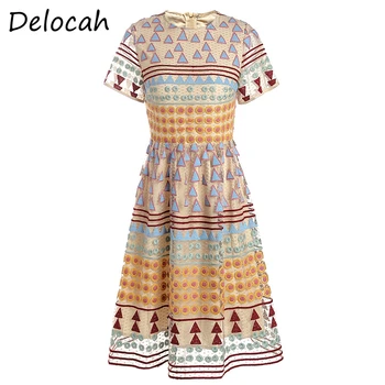 

Delocah Women Summer Fashion Designer Mini Dress Short Sleeve Multicolor Embroidery Elegant Slim Female A-Line Mesh Dresses 2020