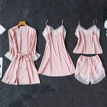 

4 Pcs Set Satin Pijamas Mujer Sleepwear Women Pajama Sexy Lace Lingerie Pyjamas Nightwear Silk Home Clothes Lounge Wear