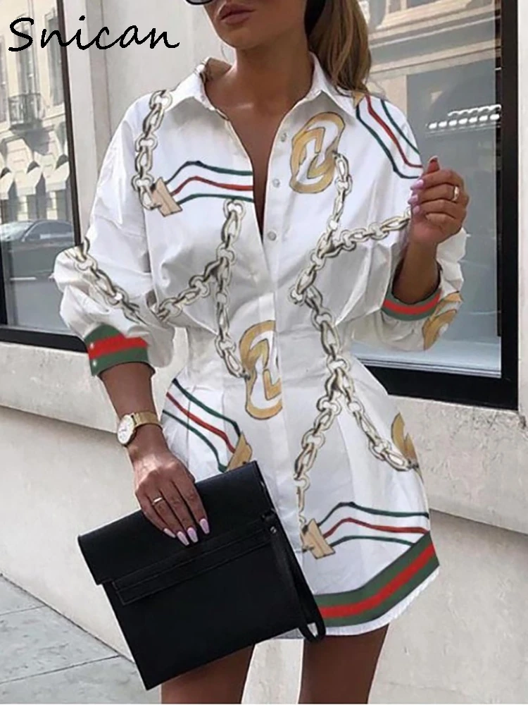 

Snican blazer dress long sleeve chain print office ladies shirt dress casual summer sexy mini dress sukienka letnia 2020 autumn
