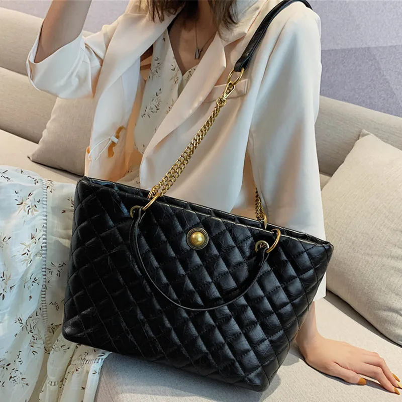 

Chain Diamond Lattice Totes Handbags Women Large Leather Female Shoulder Sling Bags Luxury Black Rivet Lady Corssbody Hobos Bag