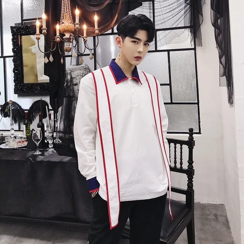Men Long Sleeve Casual Pullover Fashion Bow Necklace Couple Shirts Male Business and leisure Dress Shirts Stage Clothes