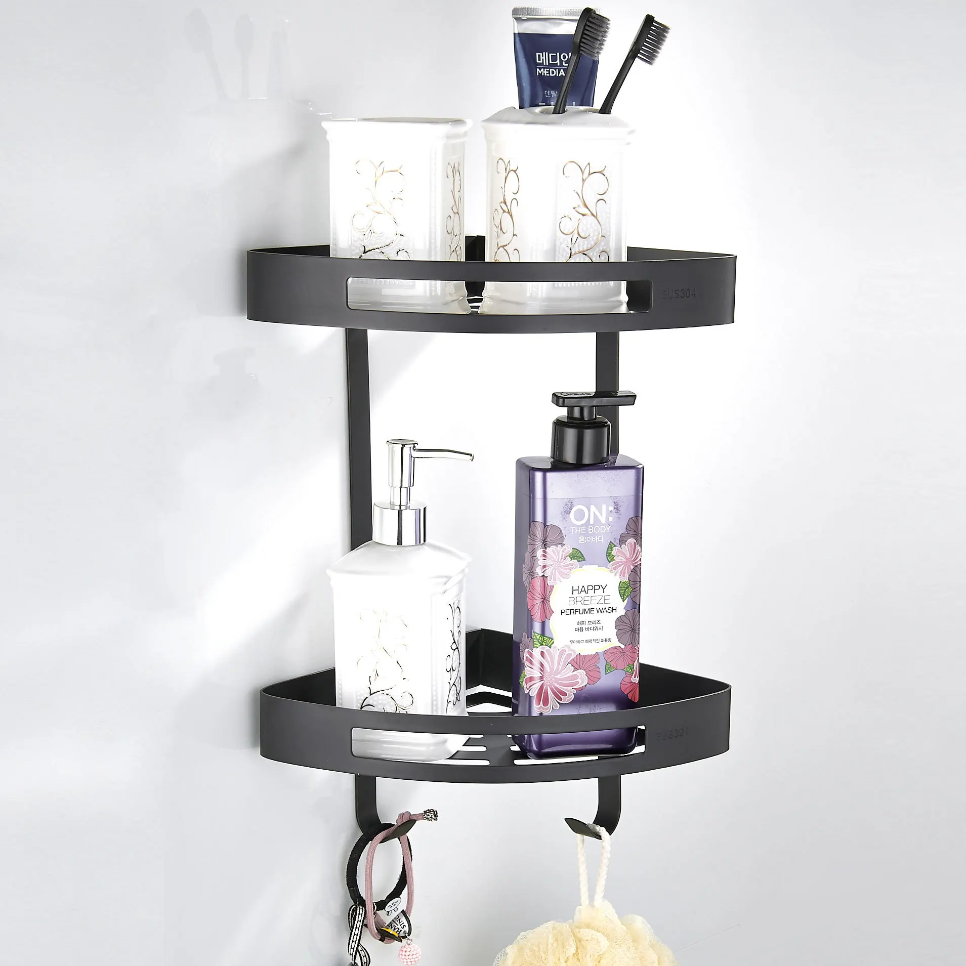 

Wall Mounted Type Simple New Style High Quality 304 Stainless Steel Matte Black Double Layer Fan-shaped Bathroom Corner Tripod B