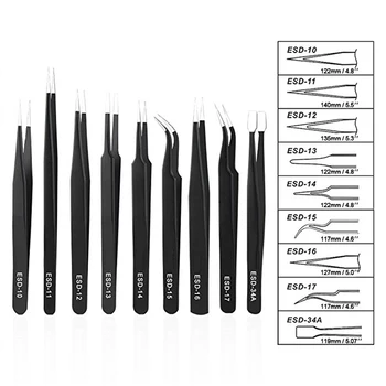 

10Pcs High Precision Tip Curved Straight Tweezer Stainless Multifunction Nipper Repair Tool Kit ESD Antistatic Tweezers Tool Set