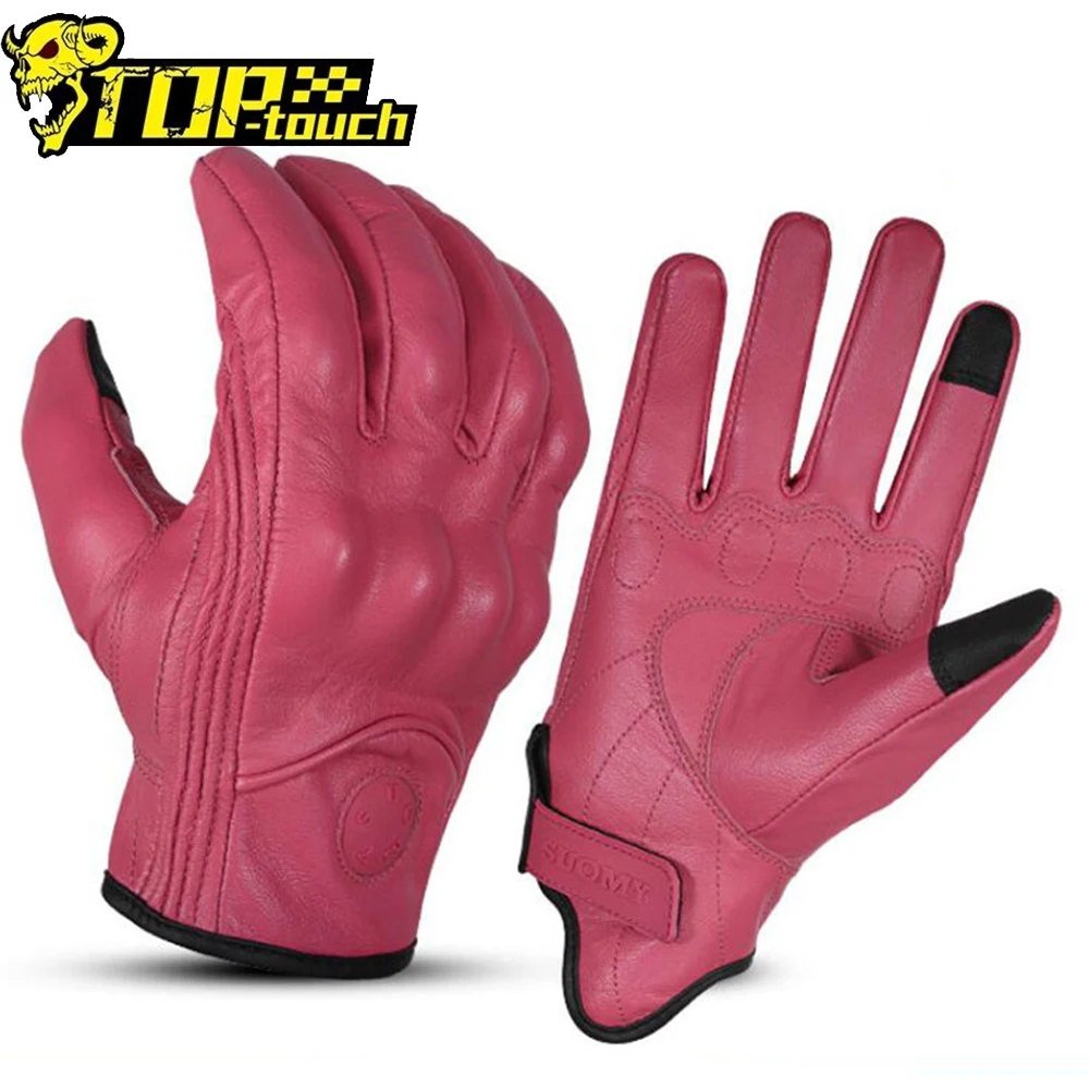 Women Motorcycle Leather Gloves Pink Touch Screen Riding Racing Moto