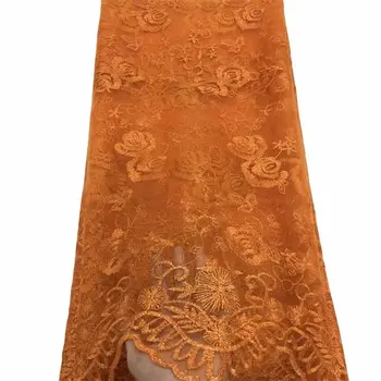 

Orange 3 D Flowers Gold Line French lace with Applique 5 yards/lot 2019 latest design African Lace Fabric For Wedding Dress