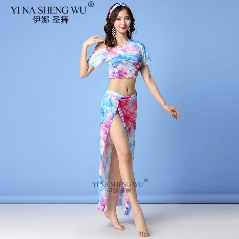 Printed Tie Dye Blue Серебряный сетчатый сексуальный прозрачный женский костюм для танца живота, длинная юбка, одежда для занятий танцами, одежда для командного танца, одежда для восточных танцев, 2 шт - Цвет: Printed Tie Dye Blue
