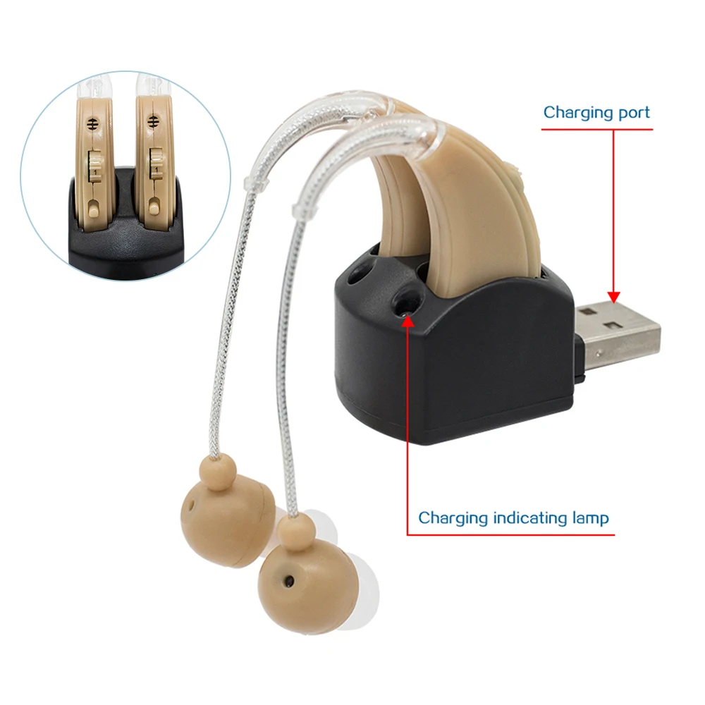 Rechargeable Ear Hearing Aid Double Headphone Amplifier High Power digital Hearing Aids Ear behind the ear for deaf elderly