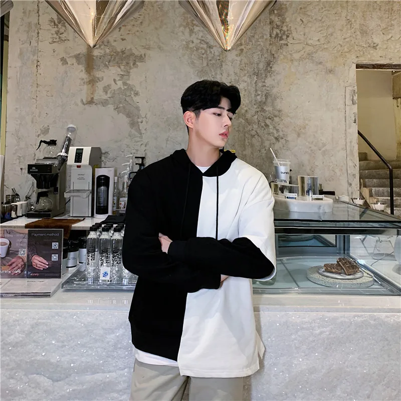 

2020Spring And Autumn New Youth Popular Asymmetric Black And White Color Matching Loose Hooded Sweatshirt Fashion CasualPullover
