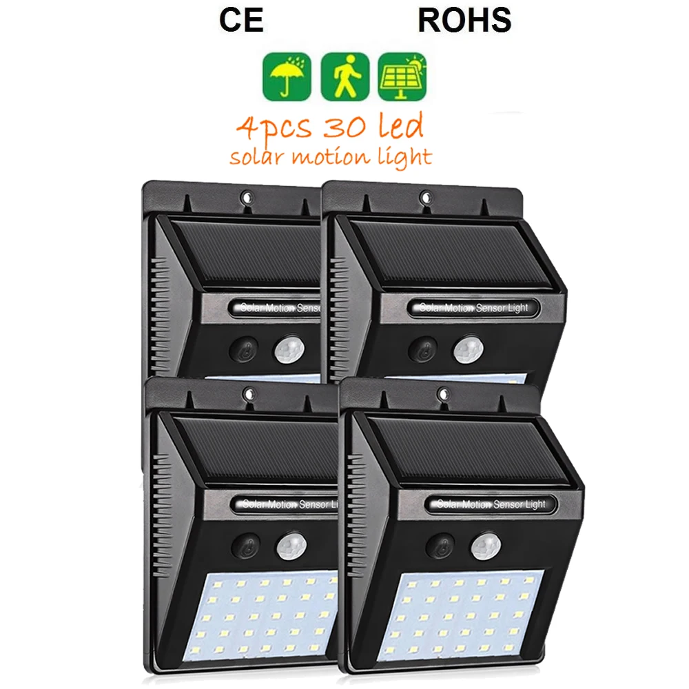 

4pcs Outdoor 30 LEDs Solar Powered Light Bulb PIR Motion Sensor 3 Modes Waterproof Garden Street Night Lamp wall spot floodlight