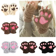 1 пара, женские пушистые перчатки для девочек, плюшевые перчатки с изображением медведя, кошки, лапы, лапы, перчатки с половинным пальцем, зимняя рукавица, теплые перчатки без пальцев