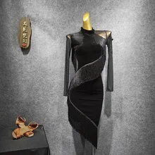 Новинка года, бархатные черные платья для танцев с длинными рукавами и кисточками, облегающее платье с длинными рукавами для женщин, платье для латиноамериканских танцев