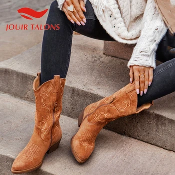 

JOUIR TALONS Big Size 41 women shoes Slip-On Western Mid-calf Boots Leisure Chunky Heels Flock Autumn Boots