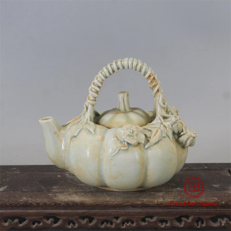 

Song Shadow Green Pumpkin Pick-up Beam Pot Handmade Tea Set Flower Vase Antique Vase Decoration Porcelain Collection Home Decor