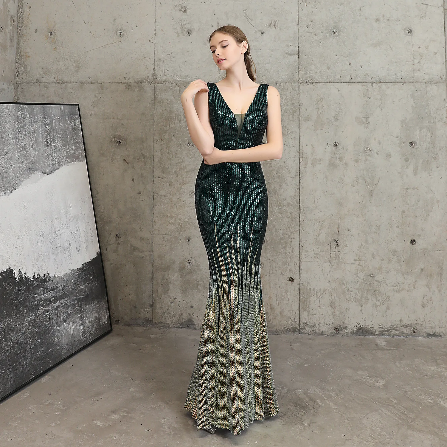 green evening gown wei yin AE0344 Robe De Soiree 2020 Sparkle Gorgeous Green Evening Dresses Long V N eck Mermaid Sexy Sequin Elegant Evening Gowns evening dresses for weddings