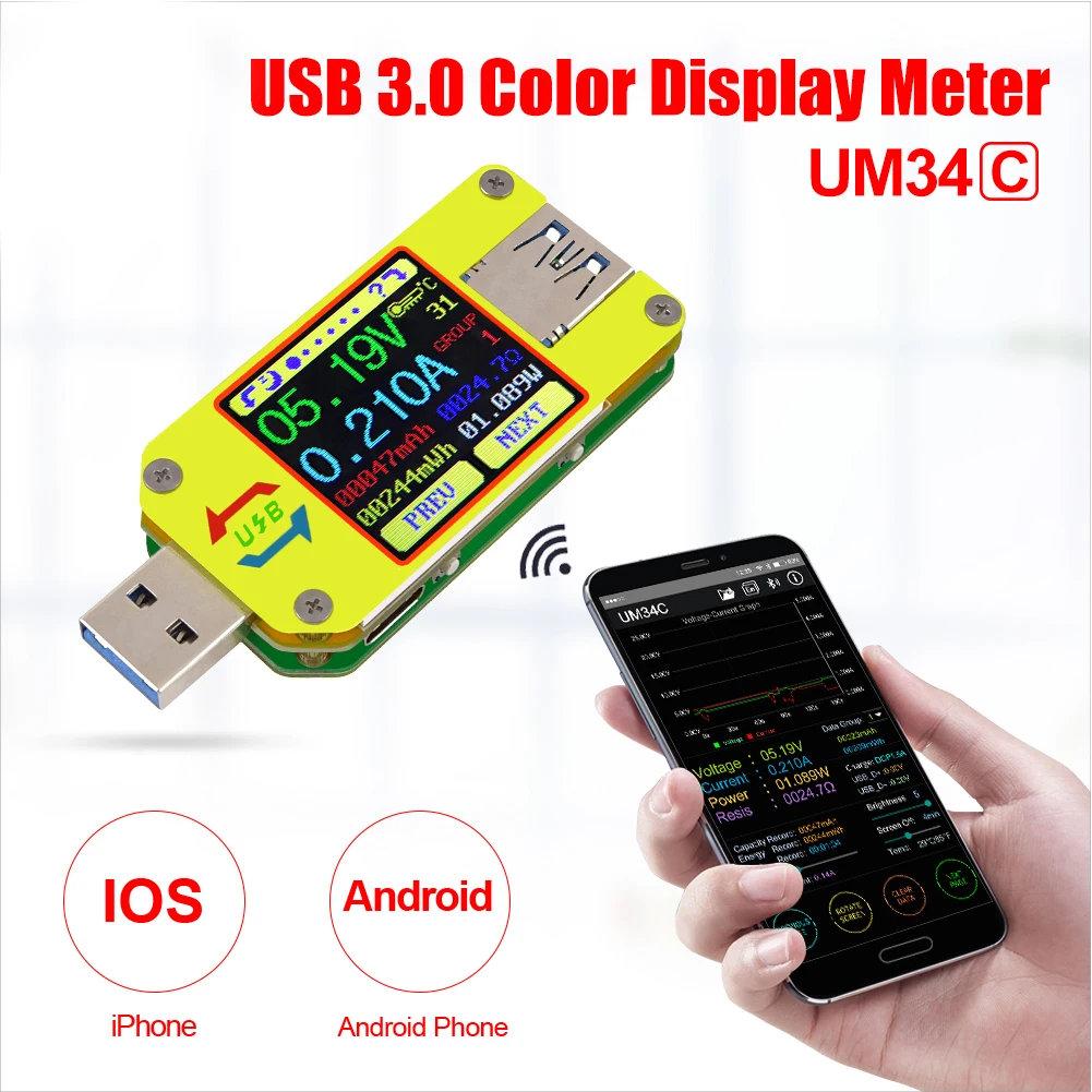 UM34 UM34C Для APP USB 3,0 Тип-C DC Вольтметр Амперметр Напряжение измеритель тока, для батареи зарядки измерения Кабельный тестер сопротивления инструмент