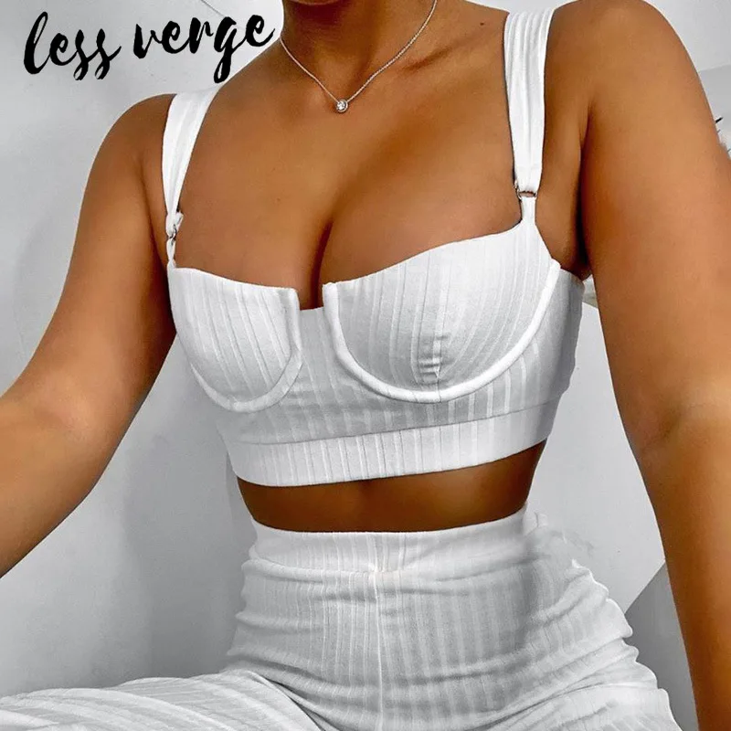 lessverge Sexy two piece set 2 piece outfits for women Office lady white crop top pants Korean club party jumpsuit playsuit 2019